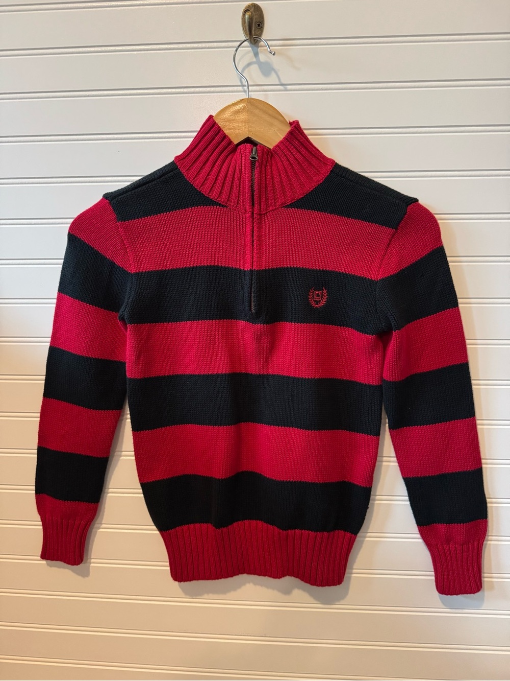 Chaps Boys Red and Black Striped Half-Zip Sweater
